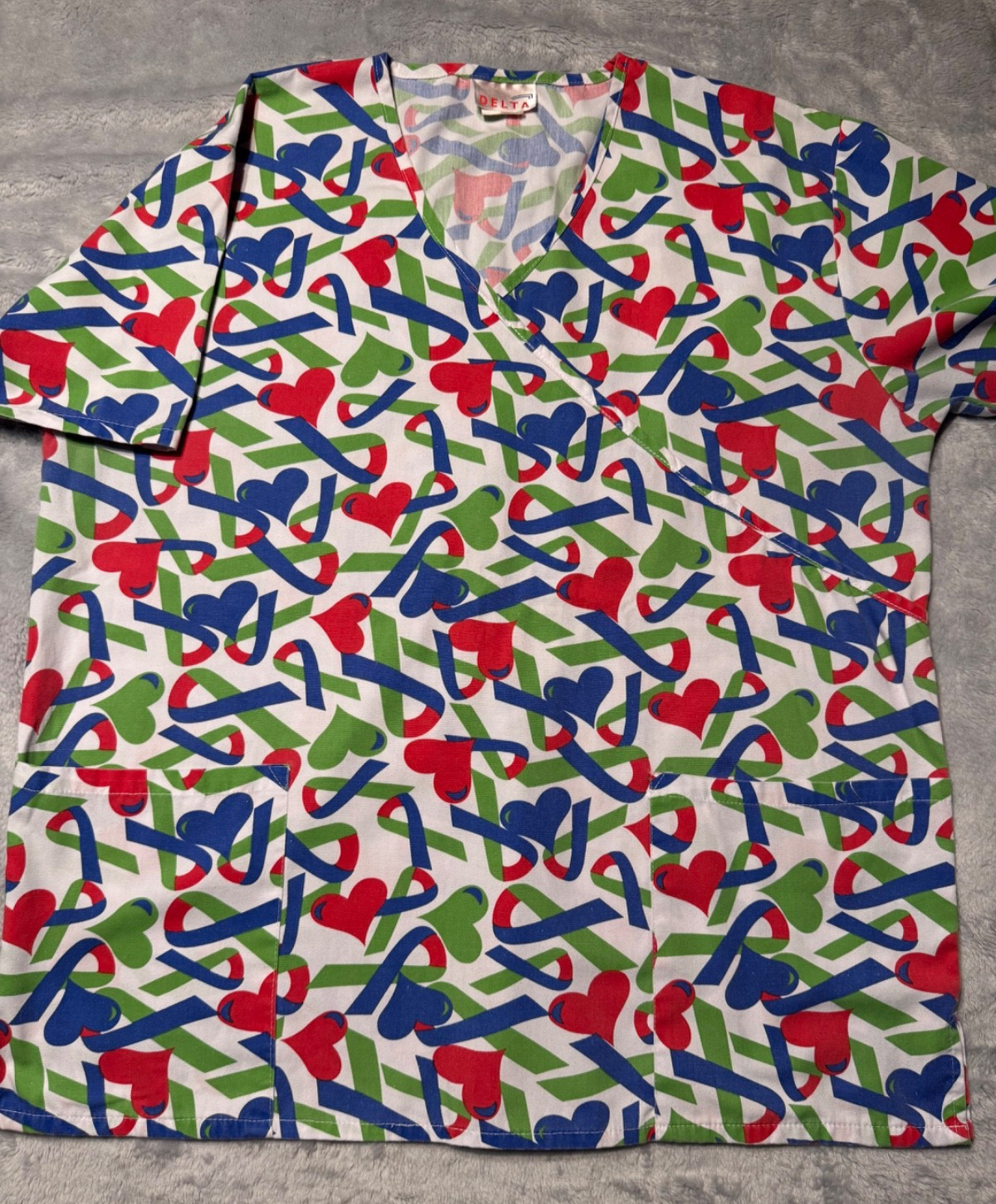 Scrub Top Delta Red Green Blue Ribbon and Hearts-See Measurements for Size
