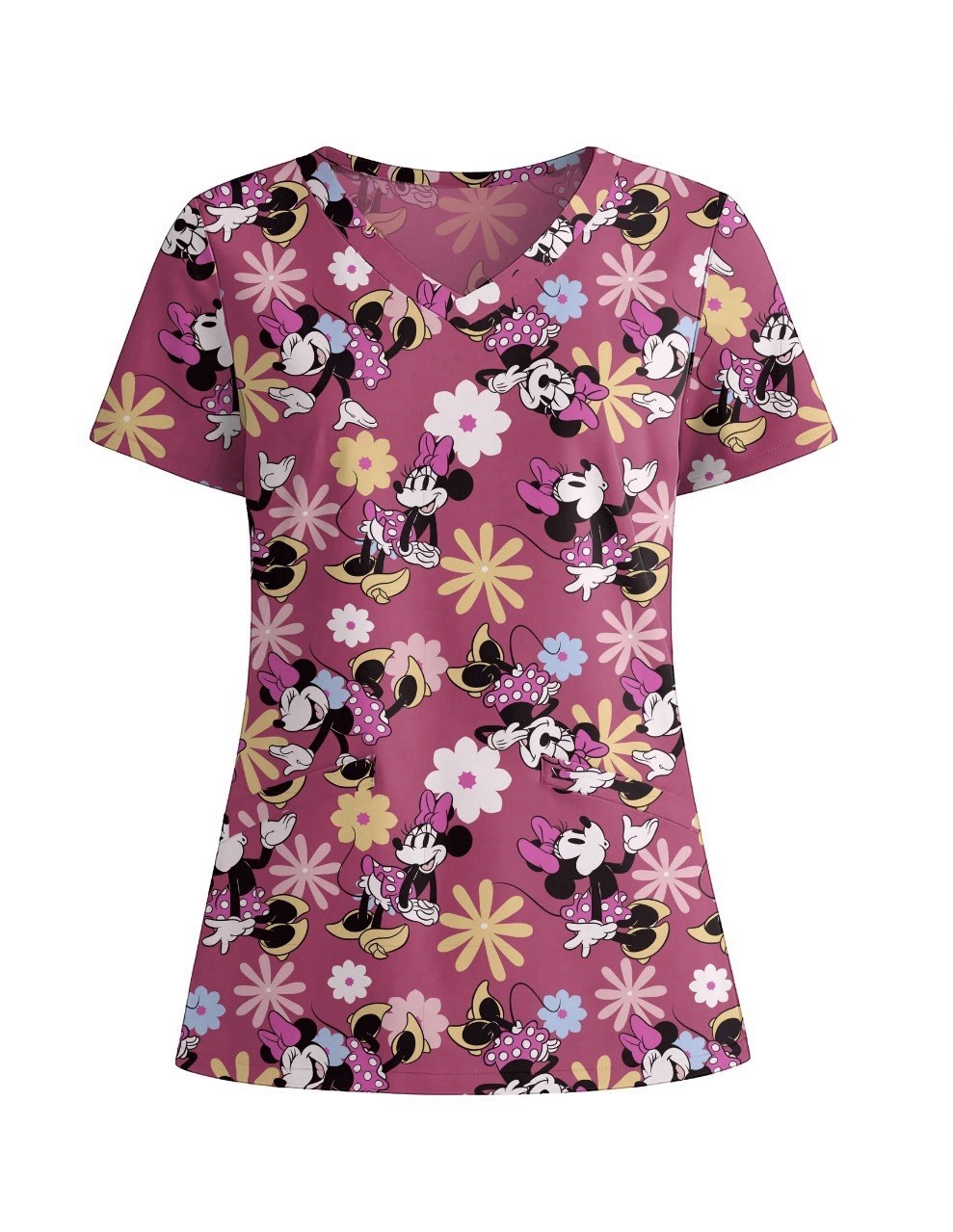 MINNIE MOUSE Women’s Size M Graphic Scrub Top V-Neck Front Pockets • Fuchsia