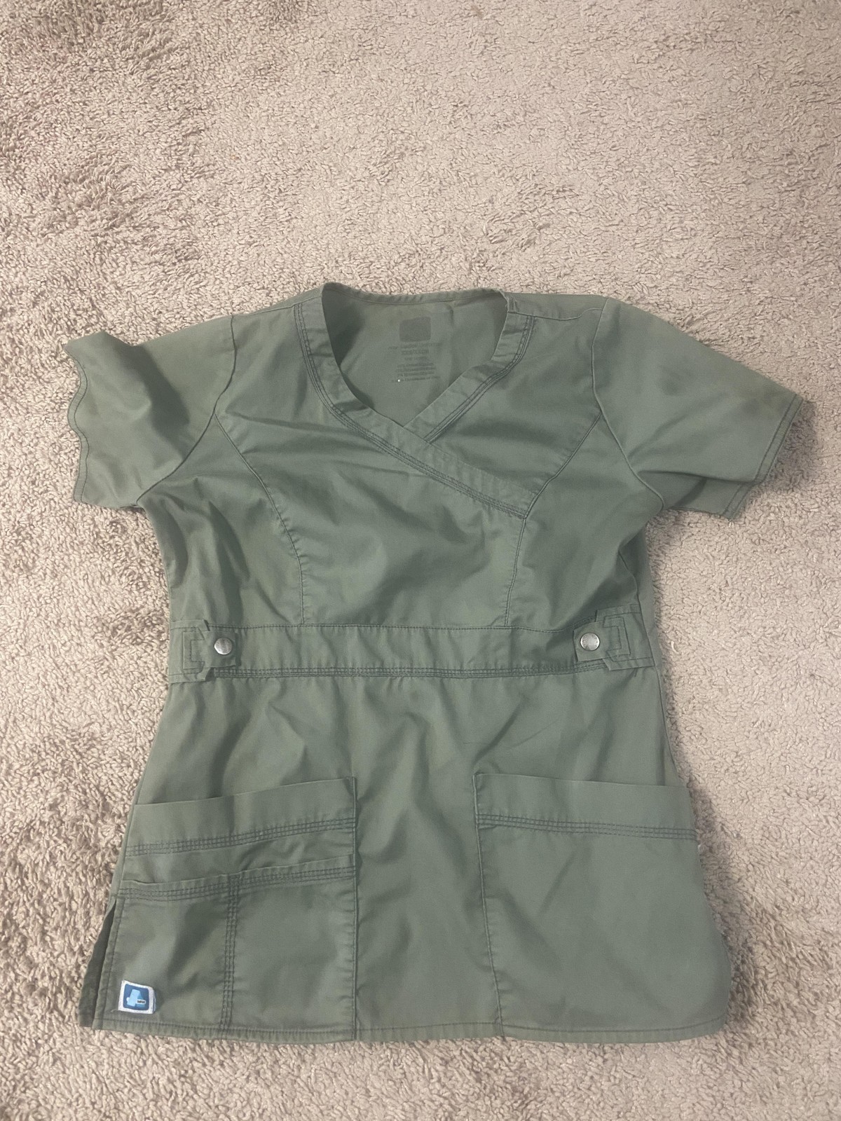 Adar Scrub Top Womens Small Green Mock Wrap V Neck Empire Waist Pockets Nursing
