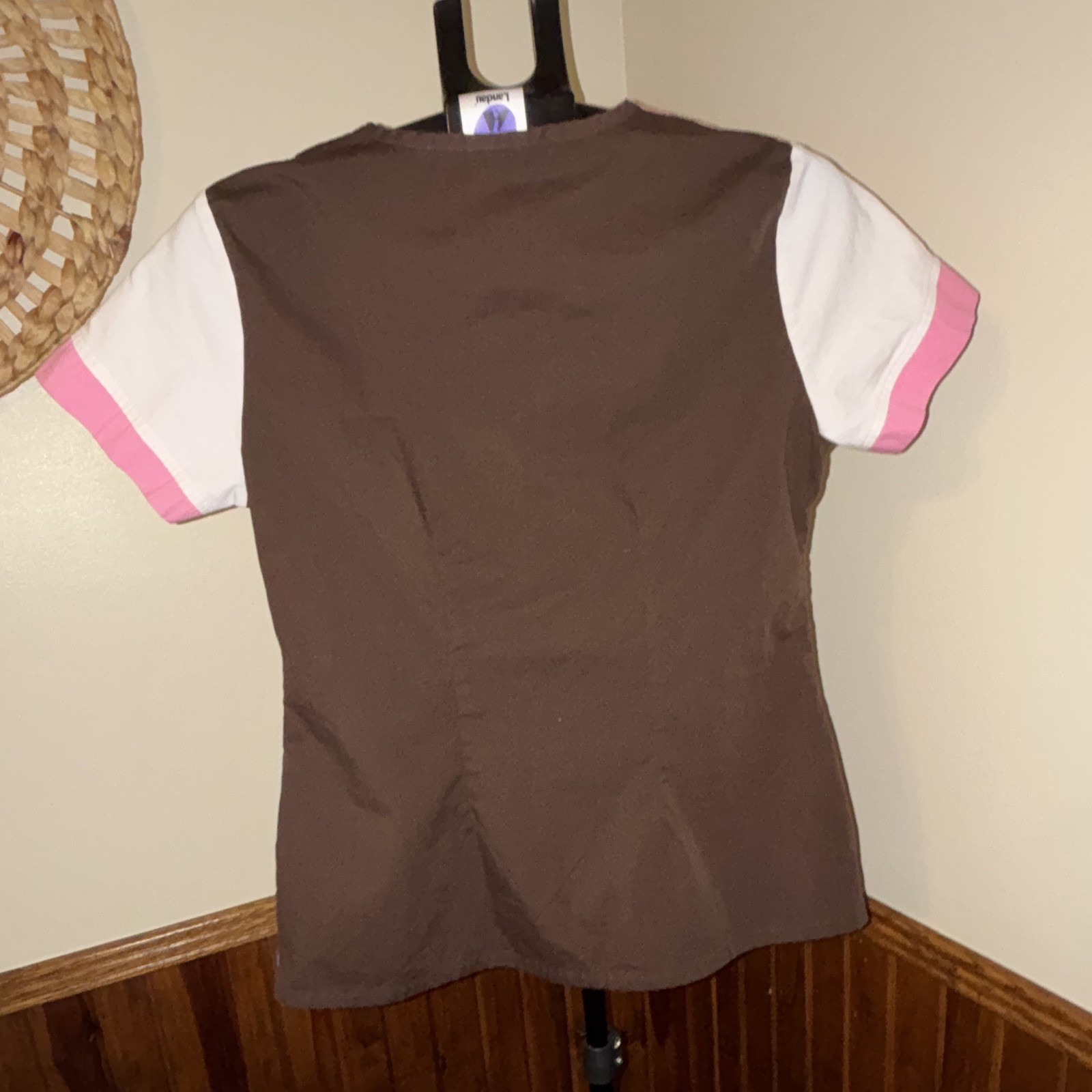 Landau XF Women’s Scrub Top M Colorblock V-Neck Short Sleeve Brown Pink