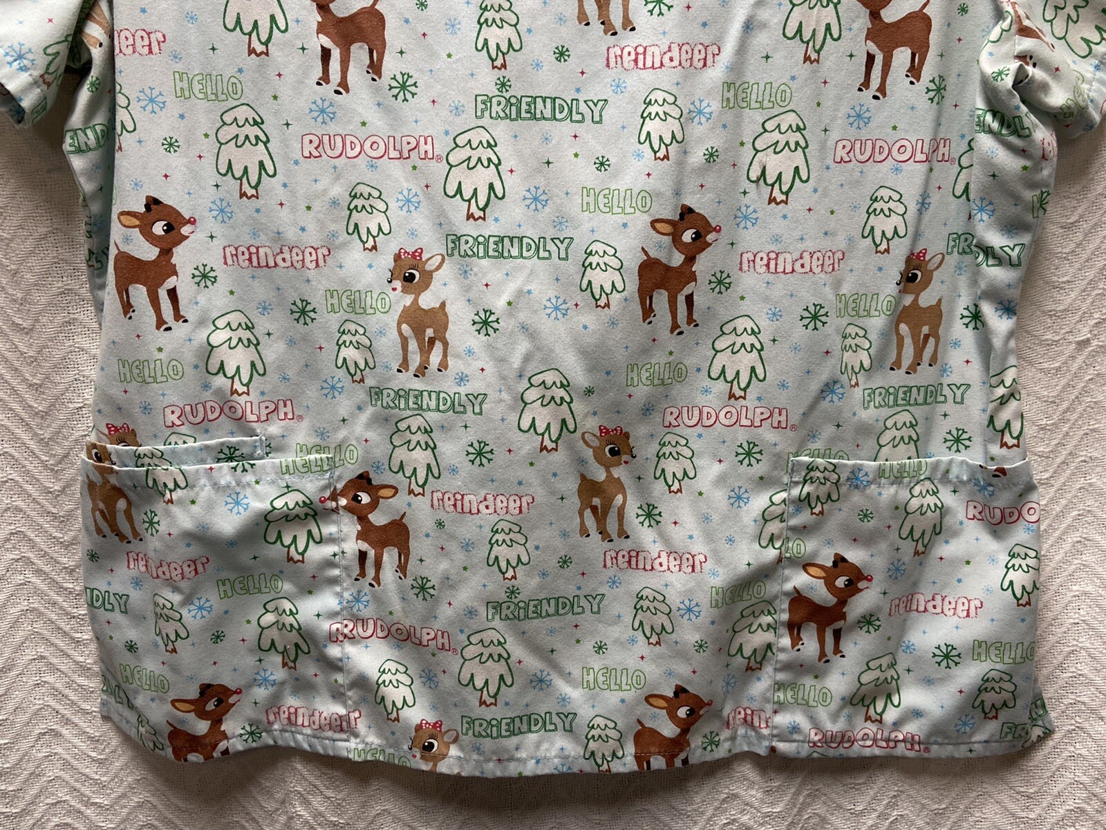 Rudolph The Red Nosed Reindeer Patterned Multicolored Size XL Scrub Top