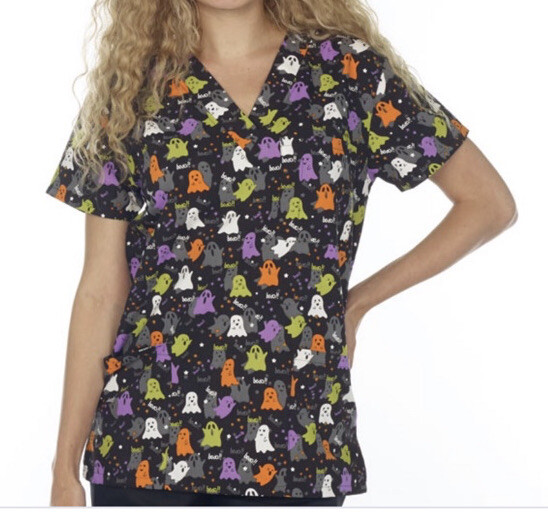 NWT Women’s Medium Boo Ghost Print Halloween I Love Scrubs Scrub Top