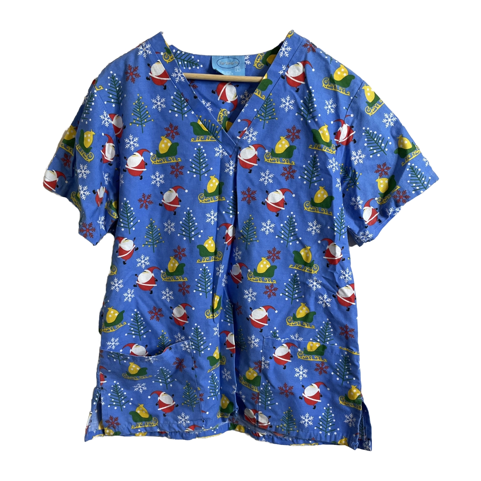 The Scrub Co Women’s Santa Scrub Top Blue With Adorable Santas Size Large