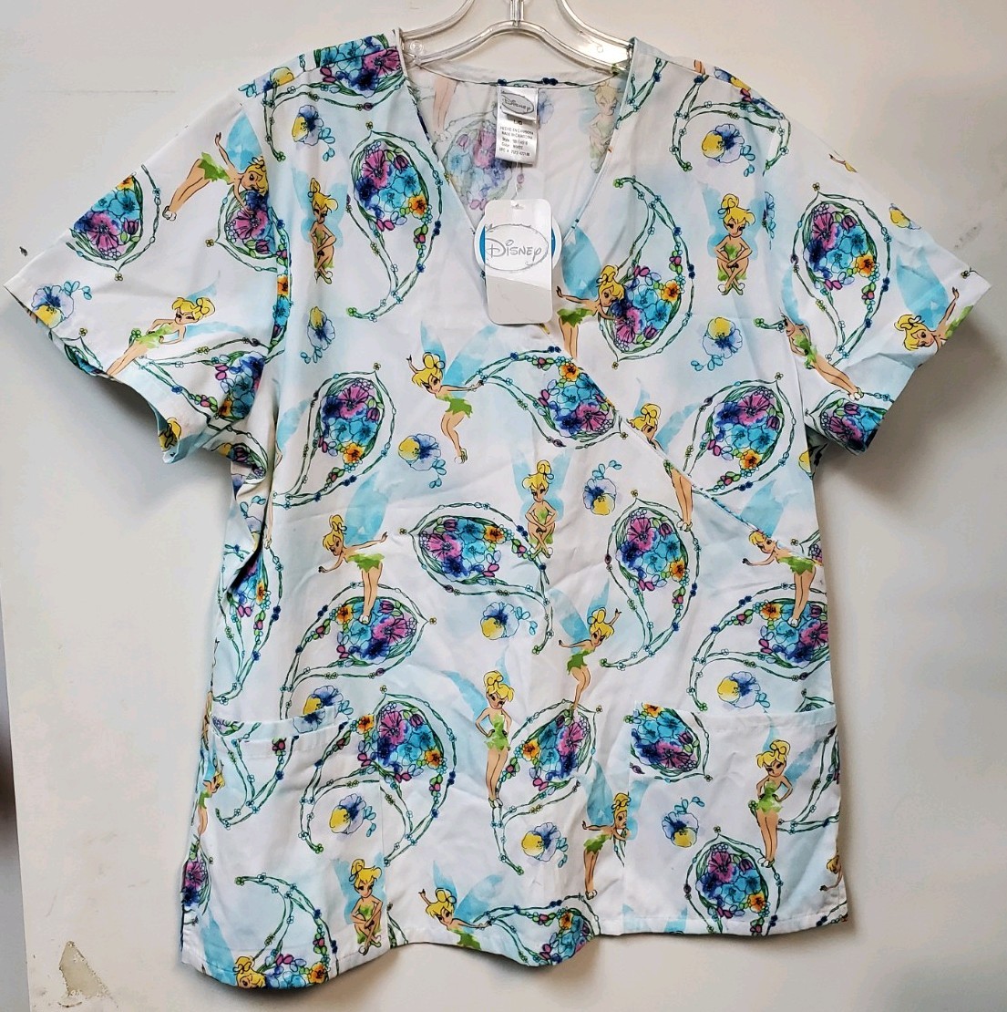 Disney Scrub Top Womens White Tinkerbell Graphic Print Medical Workwear Large