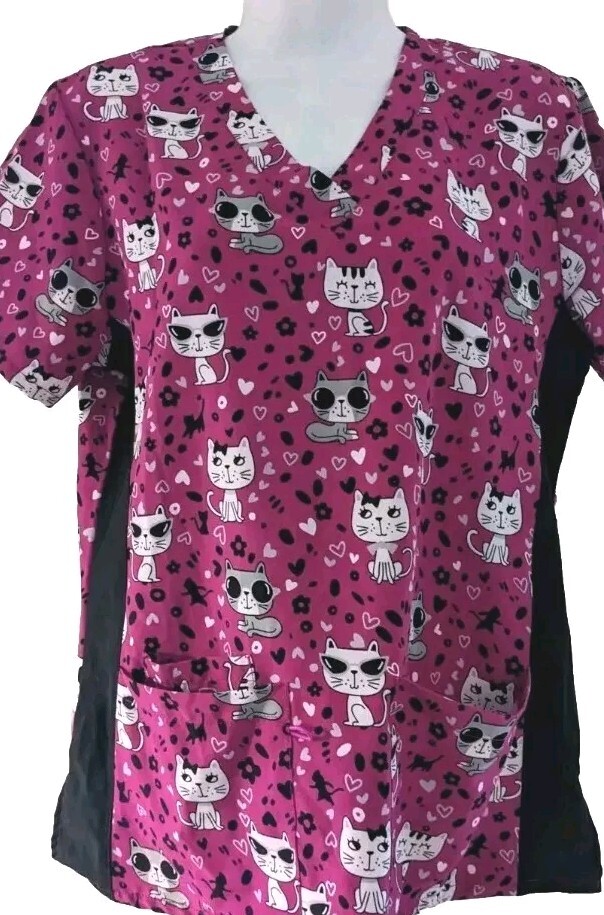 DEVINE STRETCH by JDM Woman’s Short Sleeve Cat-Themed Scrub Top – Size S