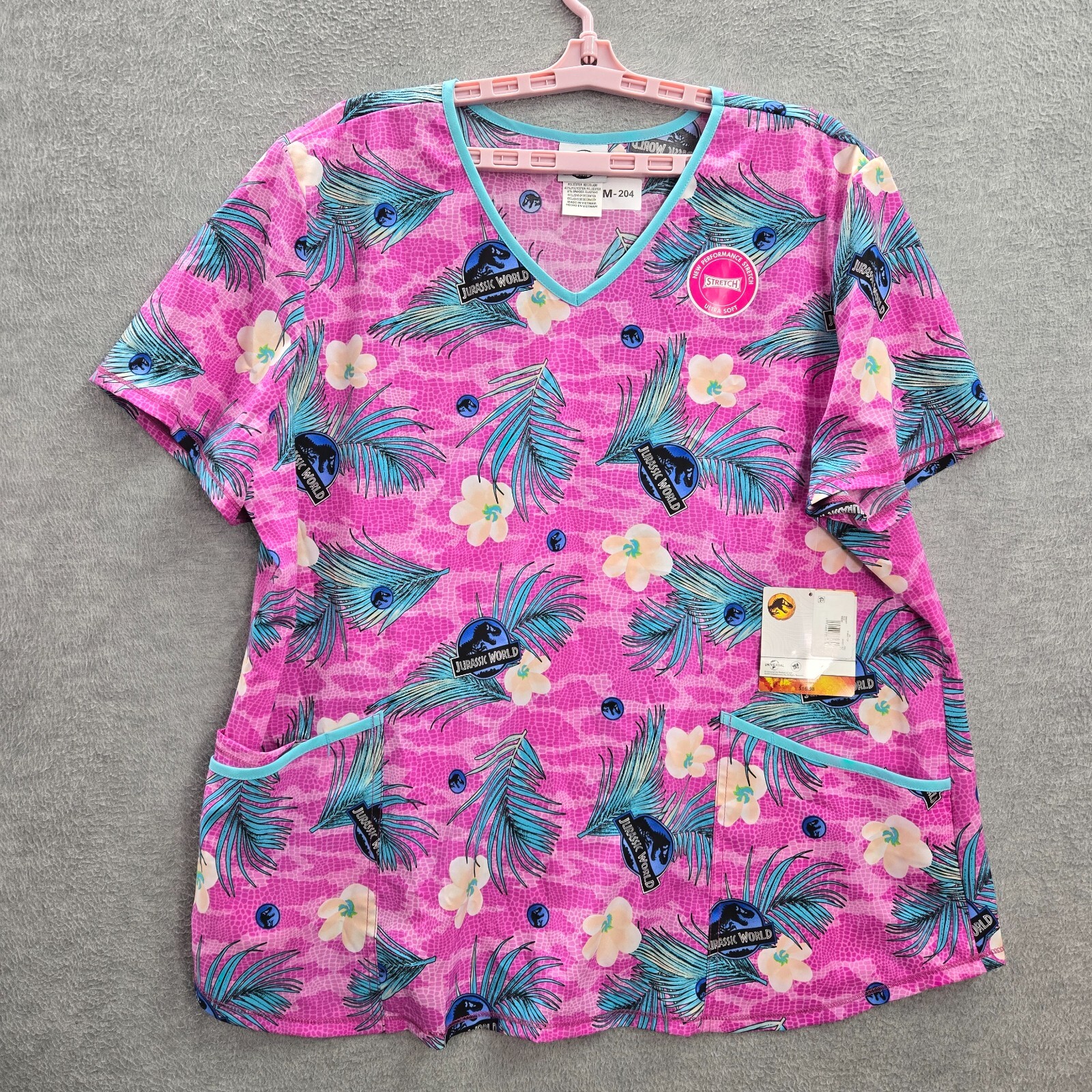 Jurassic World Dominion Women Scrub Top 2XL Pink Floral Hawaiian V Neck NWT