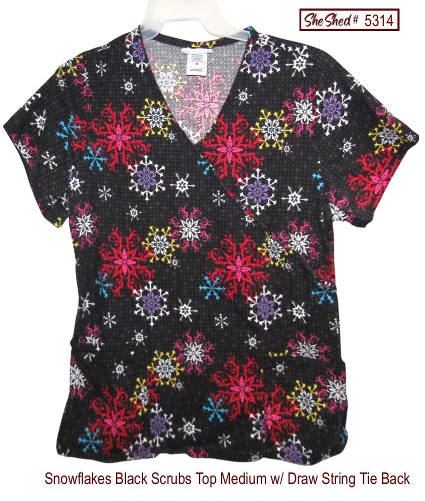 Snowflake Scrub Top Size Medium M Cotton Black Multicolor Drawstring Tie Back