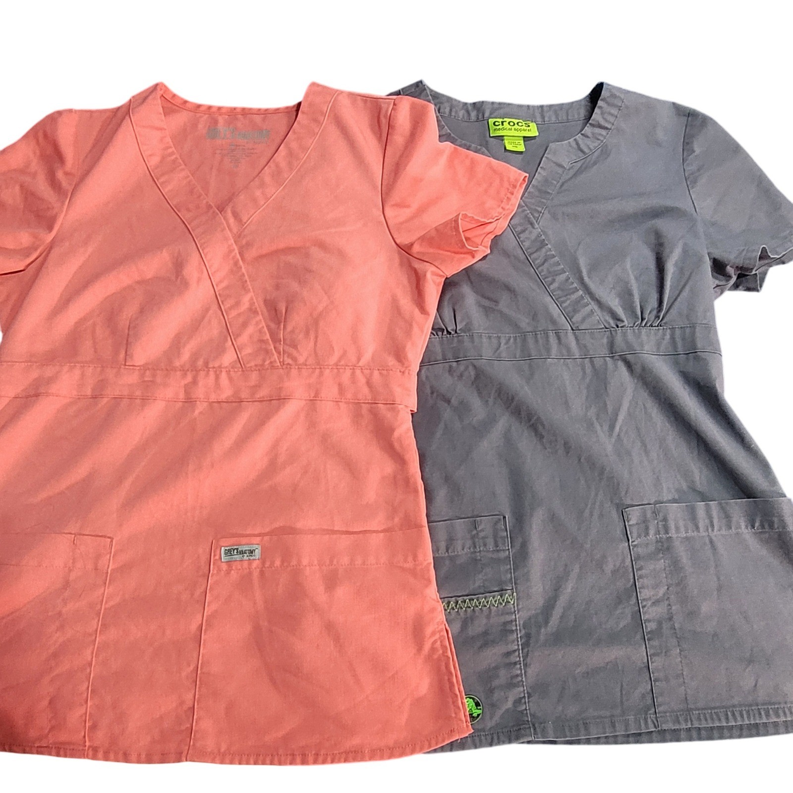 Lot Of 2**Grey’s Anatomy & Crocs Medical Apparel Scrub Tops Two XS Coral Grey