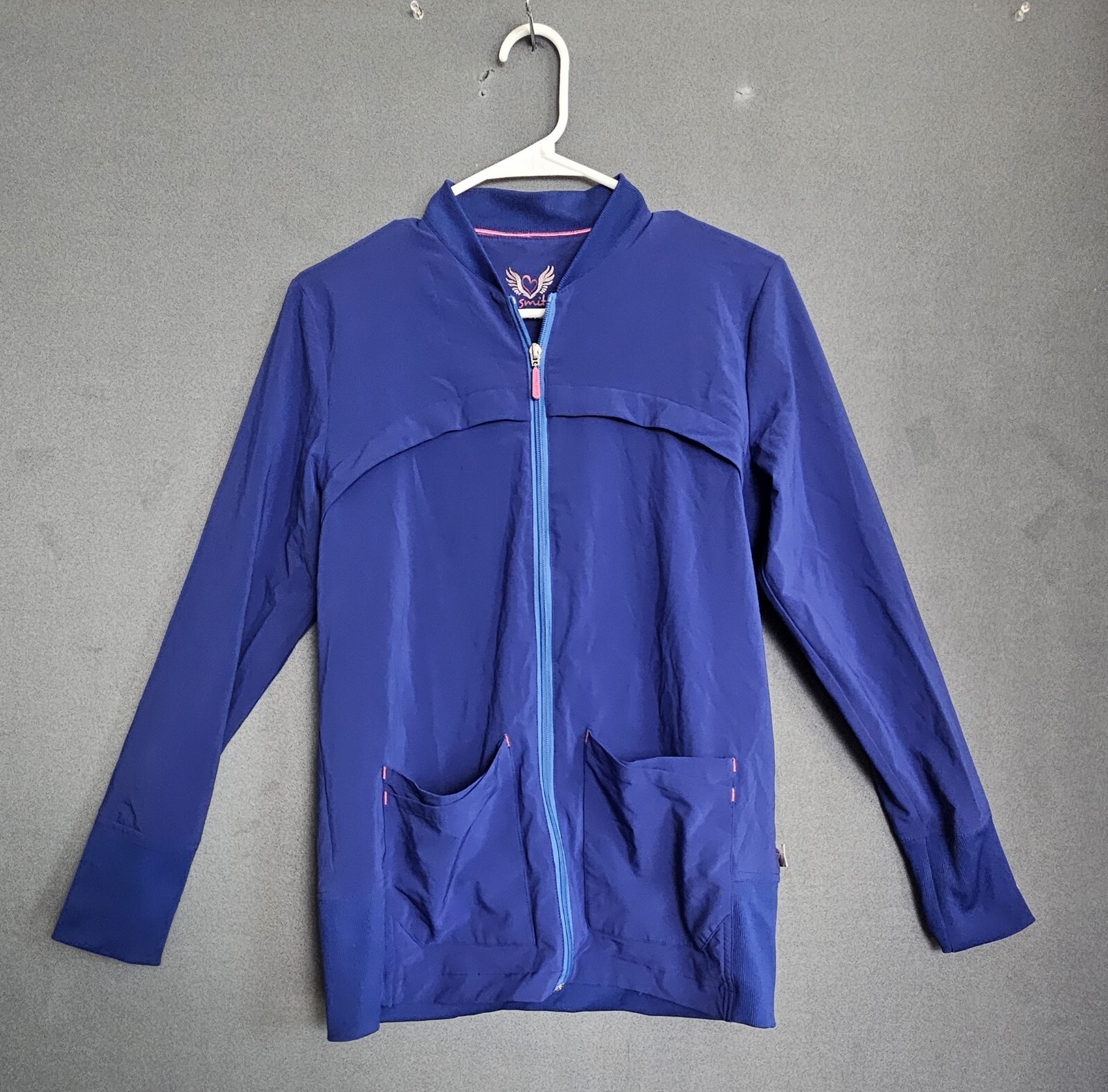 Smitten Women’s Scrub Jacket Blue Trim Zip Size Small