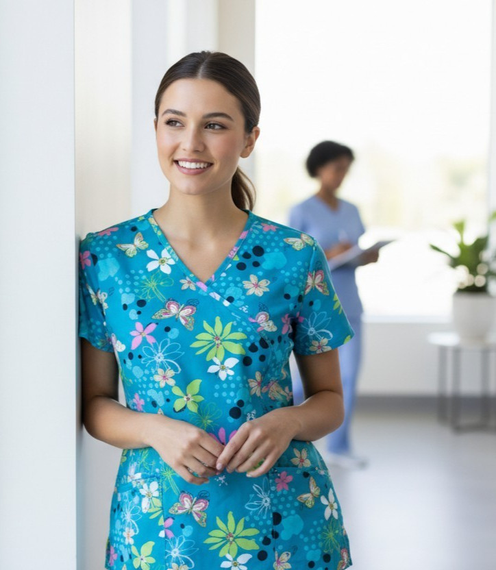 SB Scrubs Womens Medium Blue Floral Butterfly V-Neck Scrub Top Nurse Medical