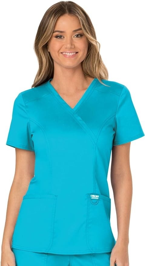 Cherokee Scrubs Top for Women Mock Wrap with 3 Pockets, Soft, 2-Way Stretch