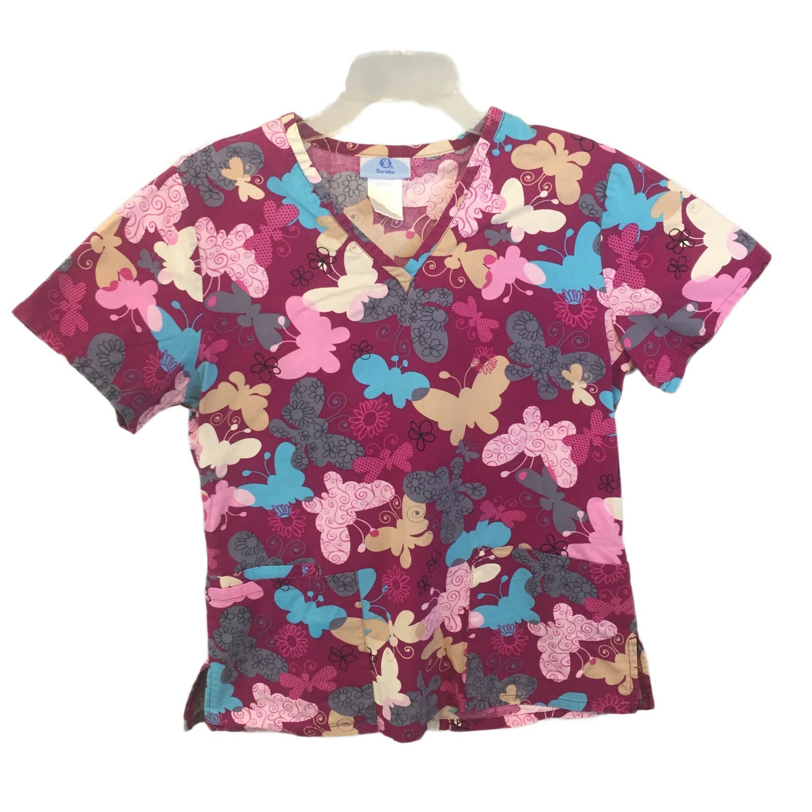 SB Scrubs Medical Scrubs Purple, Pink, Blue Butterflies Shirt Top Womens Size XS