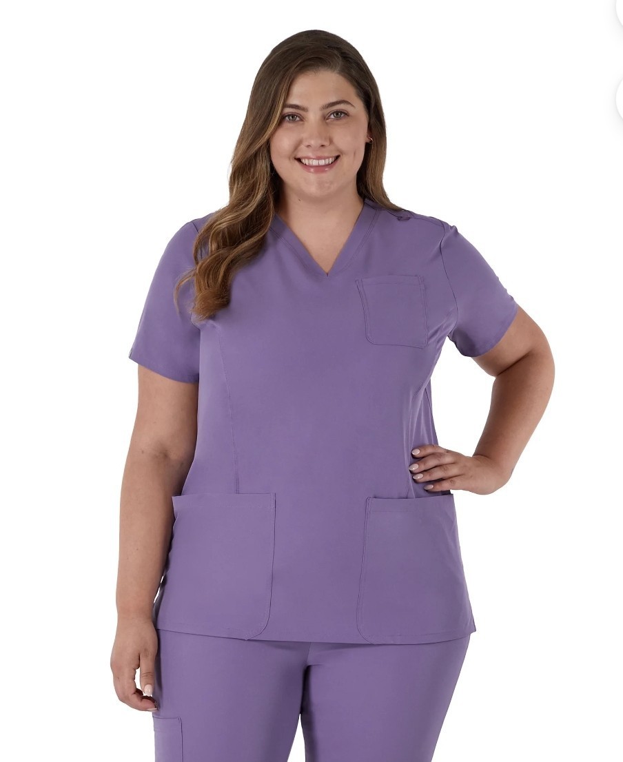 5 SETS INCLUDED Women’s Purple Solid V Neck Scrub Top w/ Pockets, Size XL