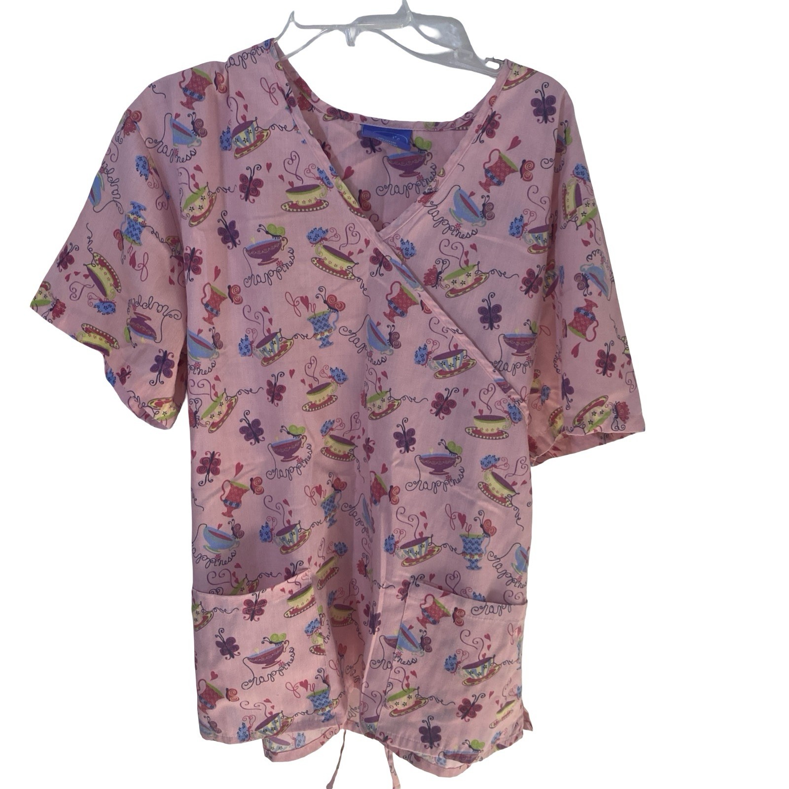 Carol’s Scrubs Womens Sz 2X Medical Scrub Top Pink Butterfly Coffee Cup Hearts