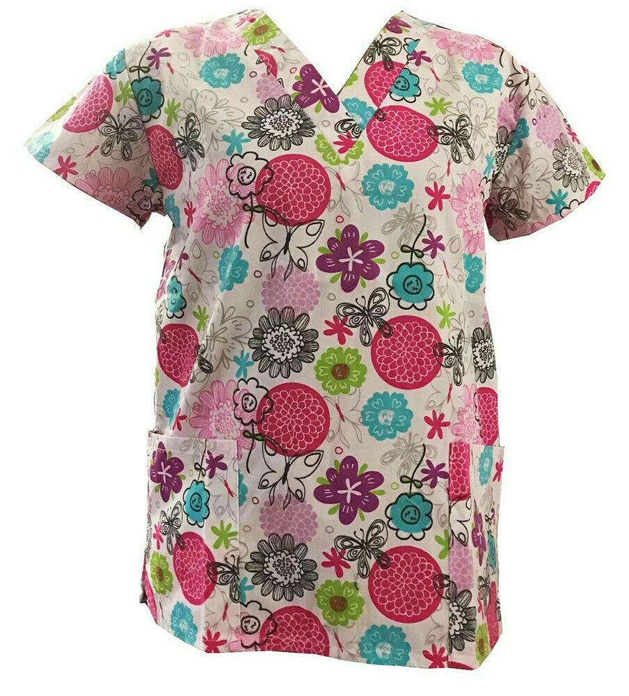 Women Ultra Soft Touch Microfiber Medical Scrub Flower butterfly 2XL