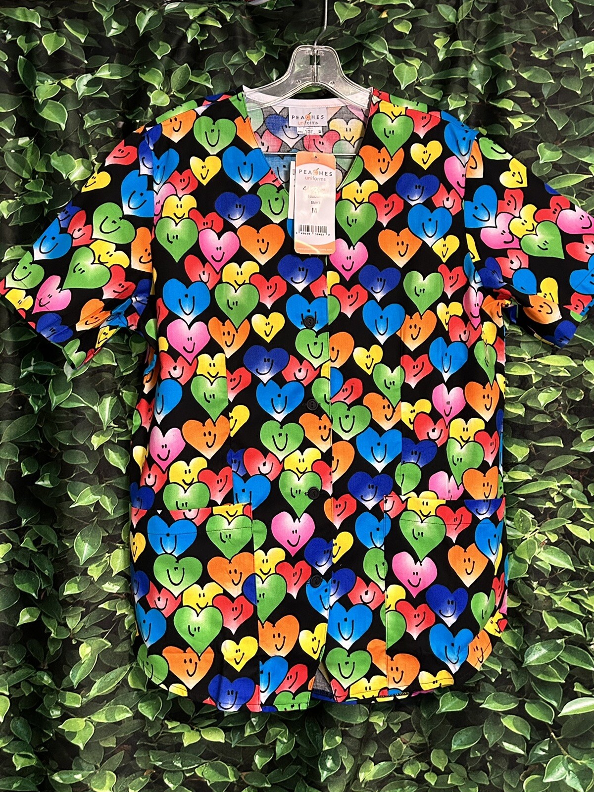Happy Hearts Holiday Scrub Top Black Peaches Brand Womens Medium New