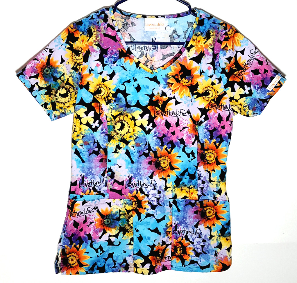 Super Cute!! Blue/Orange/Pink Floral Scrub Top by Love This Life-Women’s XS