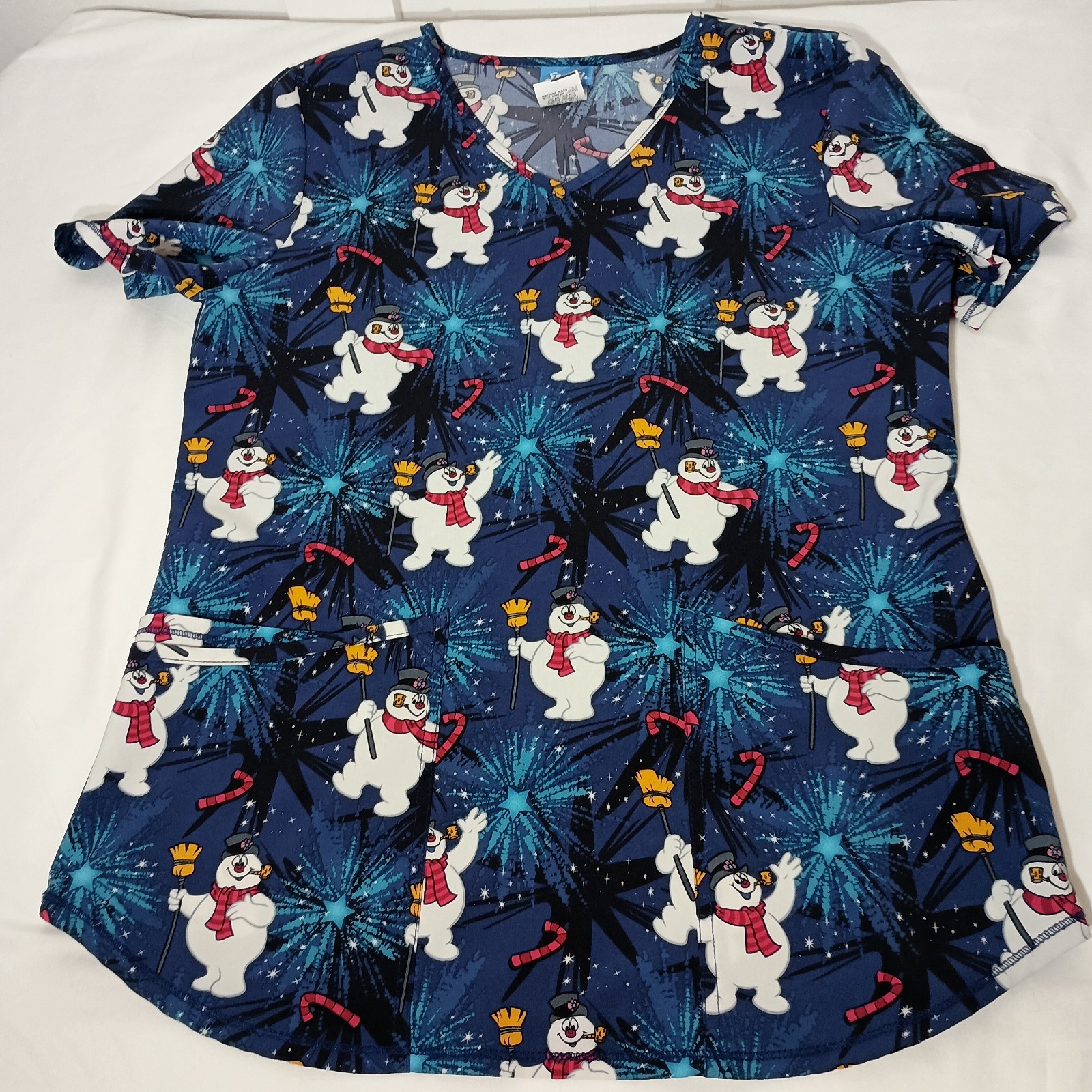 Frosty the Snowman Scrub Top Blue Starburst Print Poly Spandex Blend WM745 SMALL