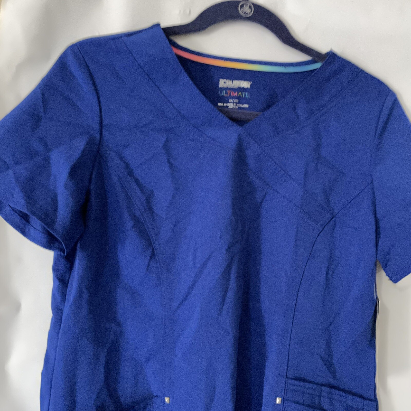 Womens XL Solid Blue Scrub Top Mock Wrap V Neck Premium Ultimate Scrubstar