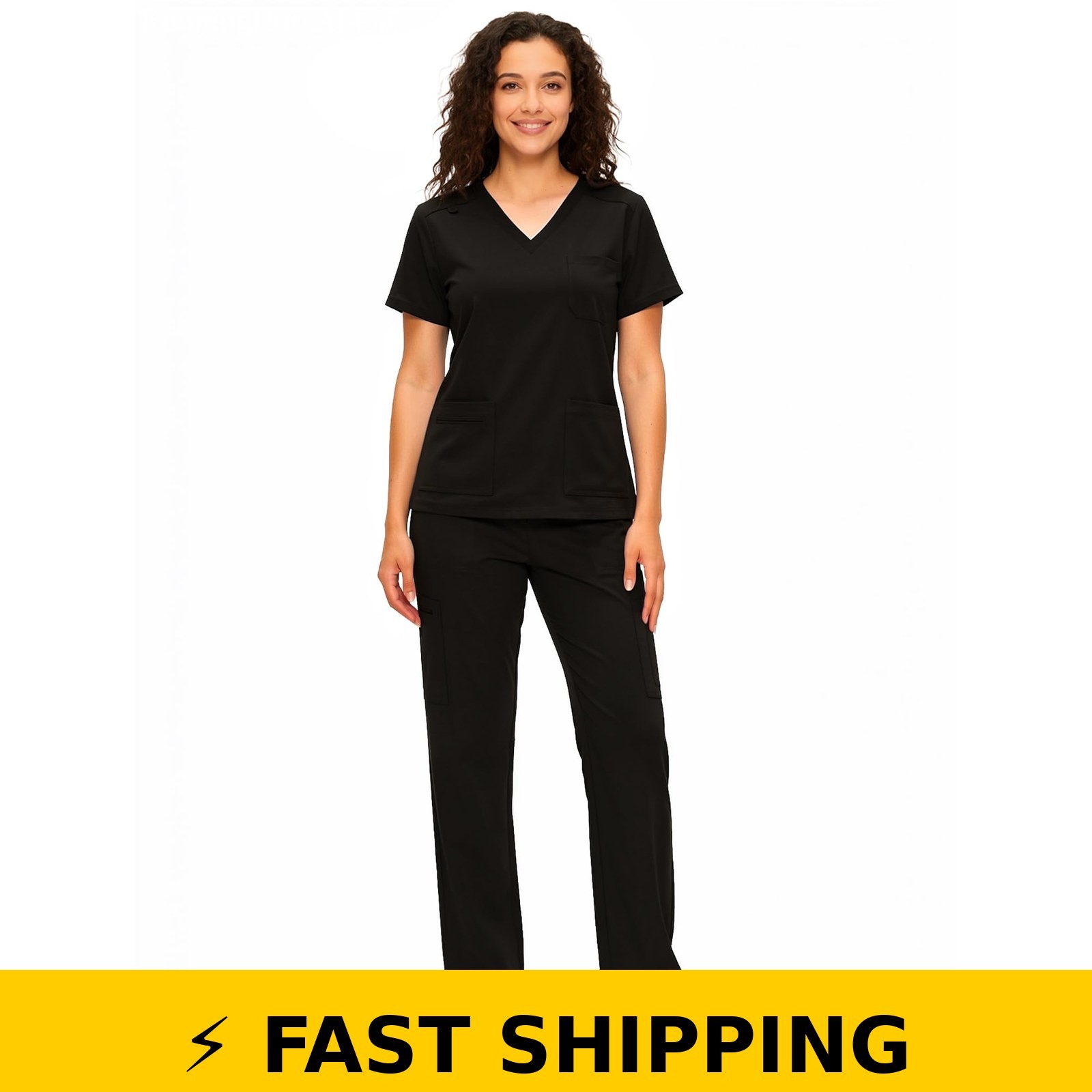 COZYFIT Women’s Scrub Set – V Neck Top & Cargo Pants, Black, Medium