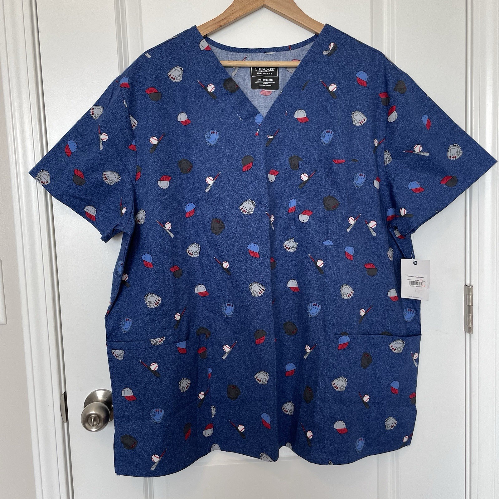 NWT Cherokee Uniforms Scrub Top Blue Jean Print Baseball Size 2X Blue Red Unisex