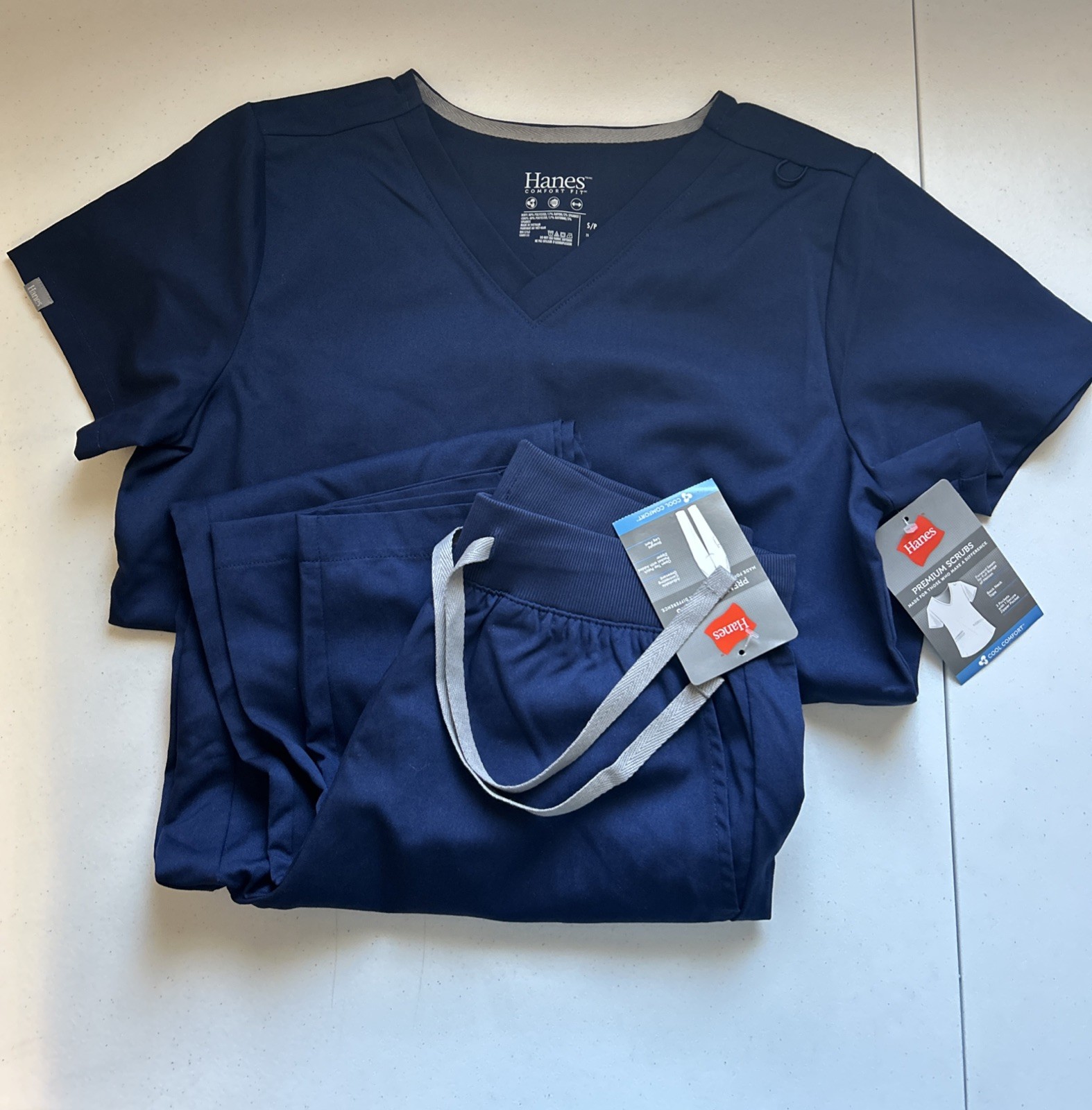 Hanes Comfort Fit Women’s Sz S Scrubs Top & Bottom Set Blue Multiple Pockets