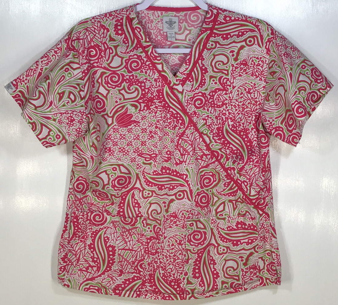 Scrub Top womens size S Small by Med Couture pink green white Flowers Foliage