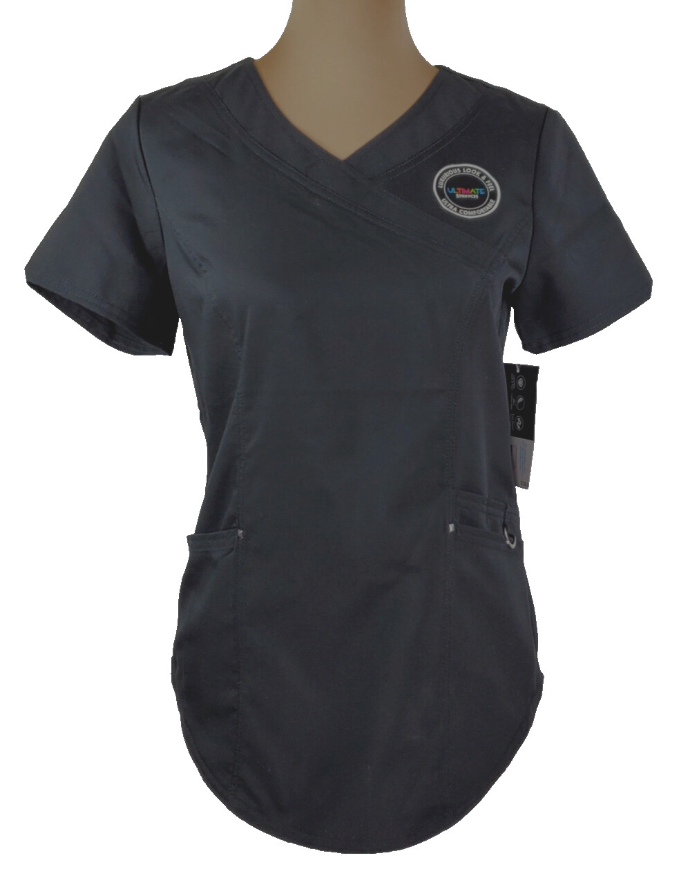 NWT~Scrubstar Premium Ultimate Scrub Top ~Women XS~Black V-Neck S/S Mock Wrap