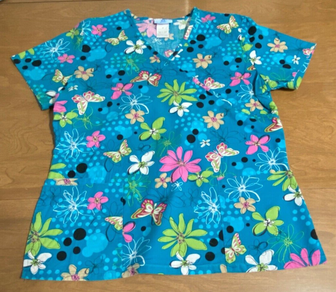 SB Scrubs Womens Medium Blue Floral Butterfly V-Neck Scrub Top Nurse Medical