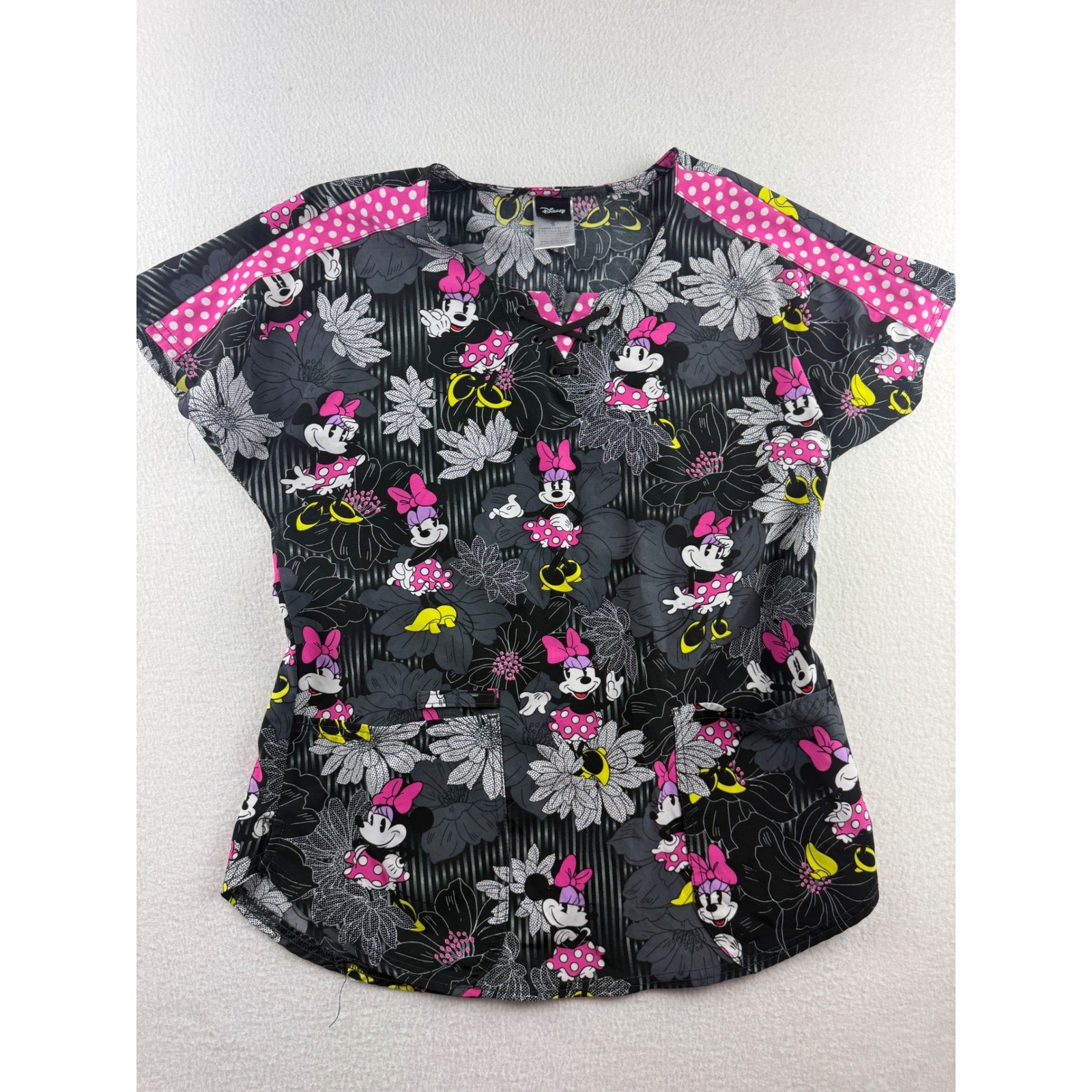 Disney Minnie Mouse Floral Lace Up V-Neck Scrub Top Black Pink Small
