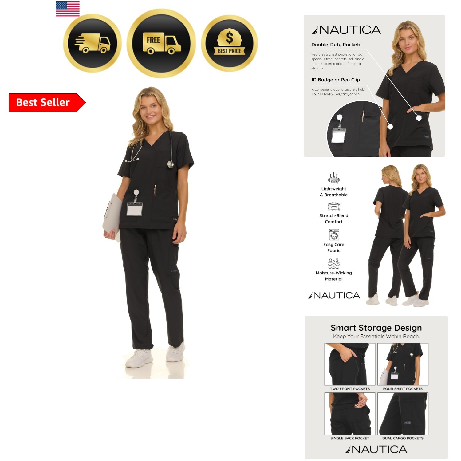 Women’s Scrub Set, 9-Pocket Breathable & Stretchy Pants & Tops