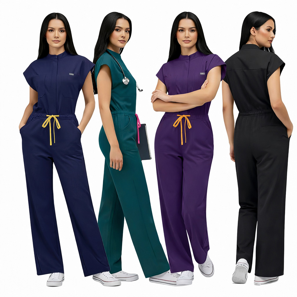Women’s Wide-Leg Scrub Jumpsuit with Zipper & Comfortable Fit – Medical Style