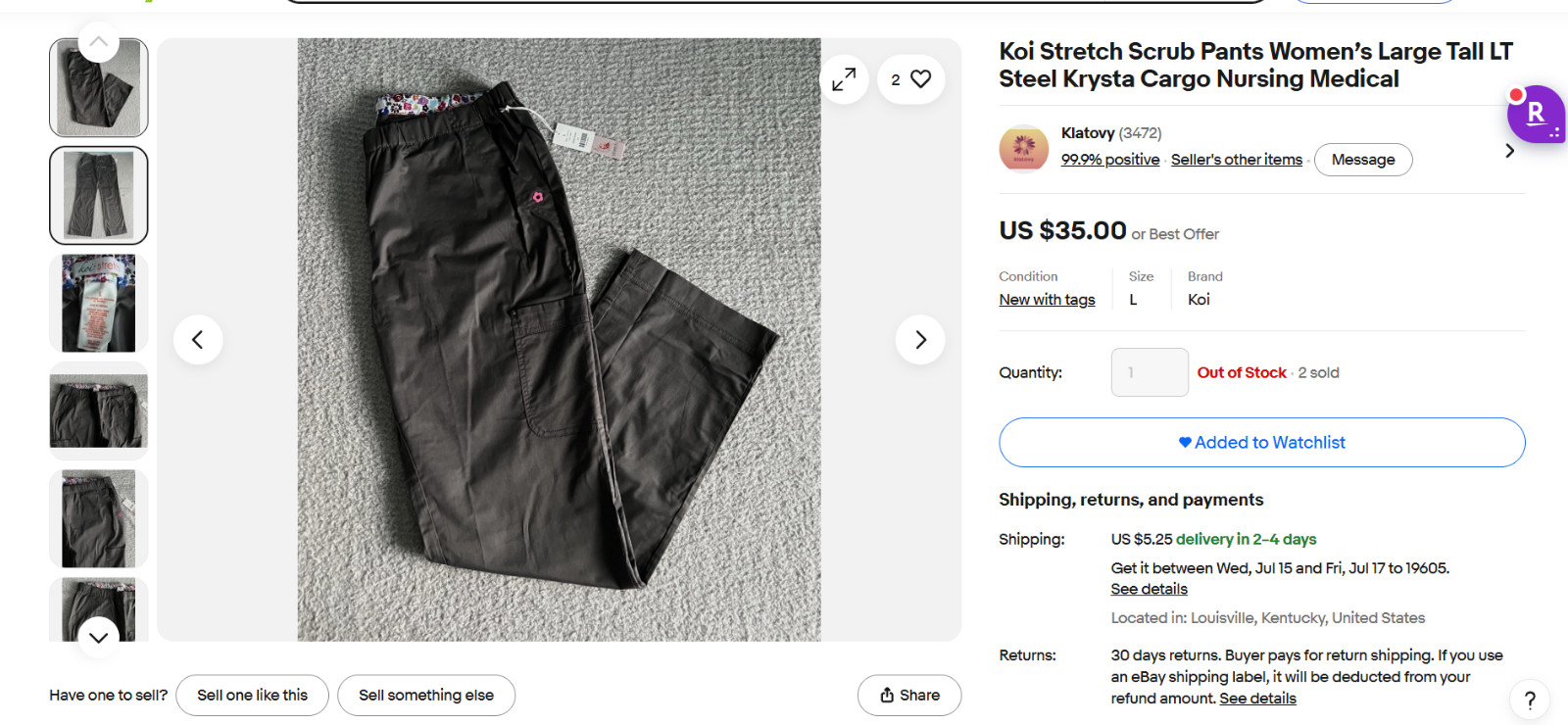 Koi Stretch Scrub Pants Women’s Large Tall LT Steel Krysta Cargo Nursing Medical