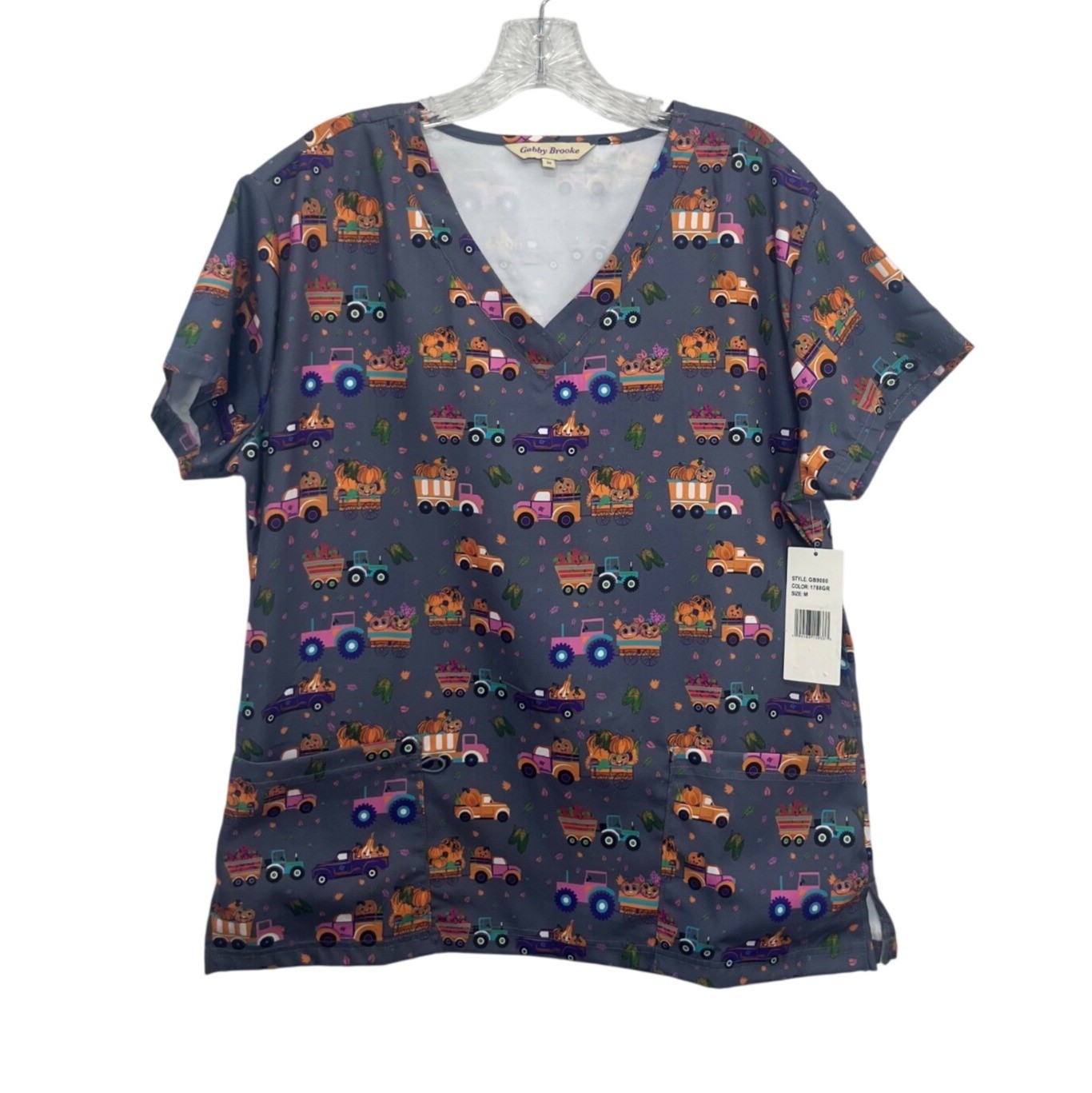 Gabby Brooke VNeck Scrub Top Medium Gray New Trucks Fall Print