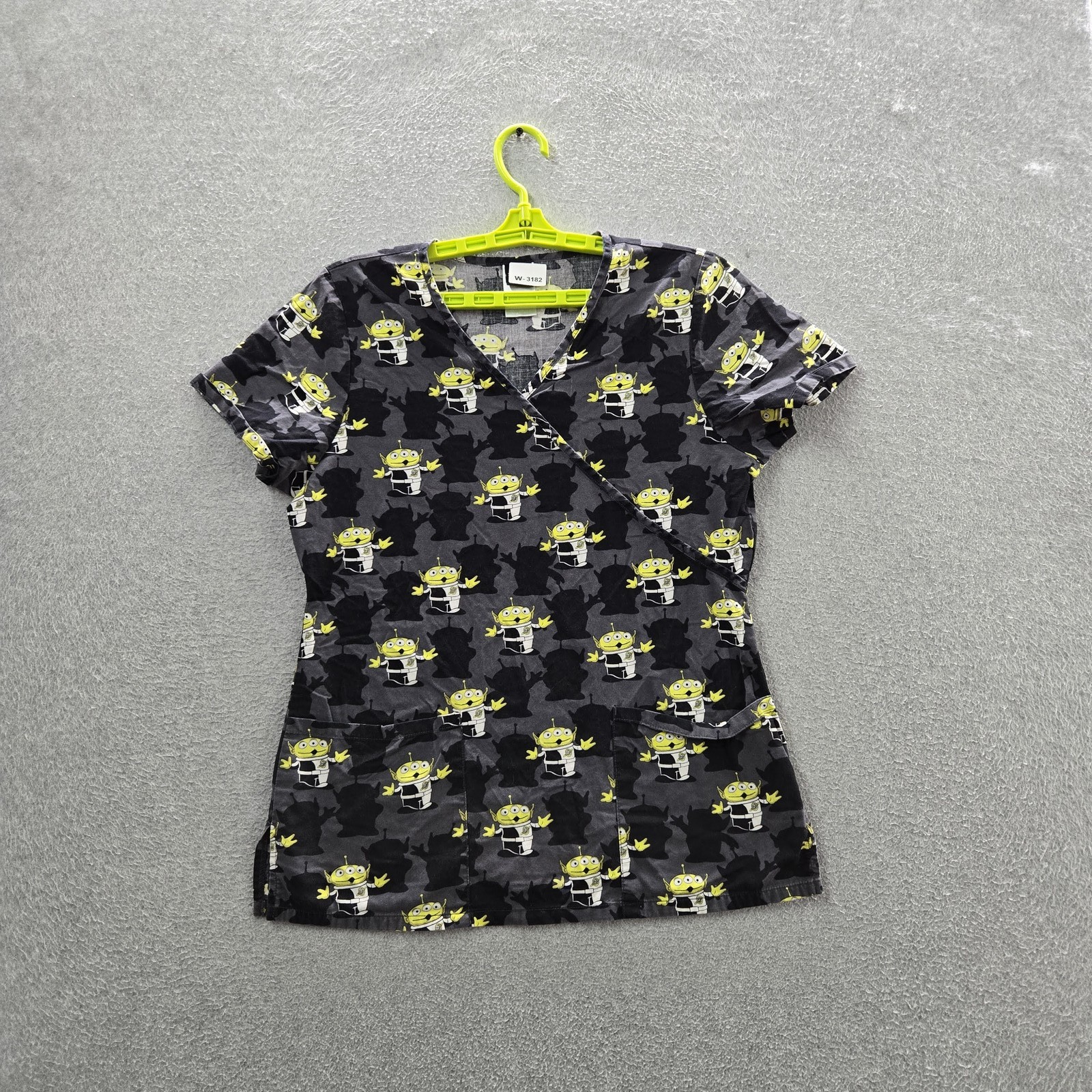 Disney Pixar Women Scrub Top SMALL Gray Graphic Alien Mock Wrap Whimsical
