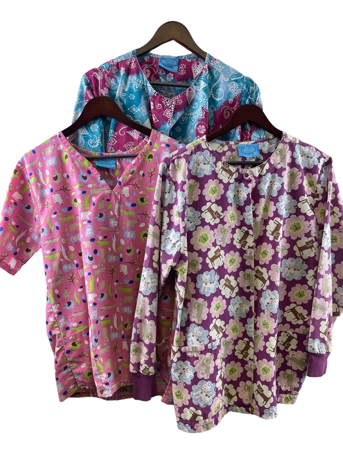 The Scrub Co Lot of Three Scrub Tops Long Short Sleeve Women’s Size Small