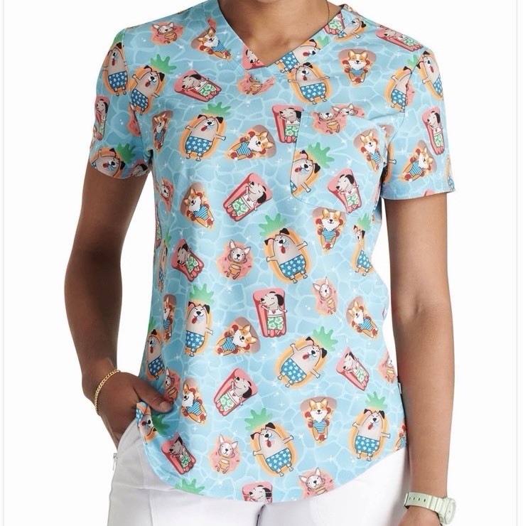 NWT M Pool Paw-rty Cherokee Scrubs V Neck Top CK664 PWRY￼DOG POOL PARTY