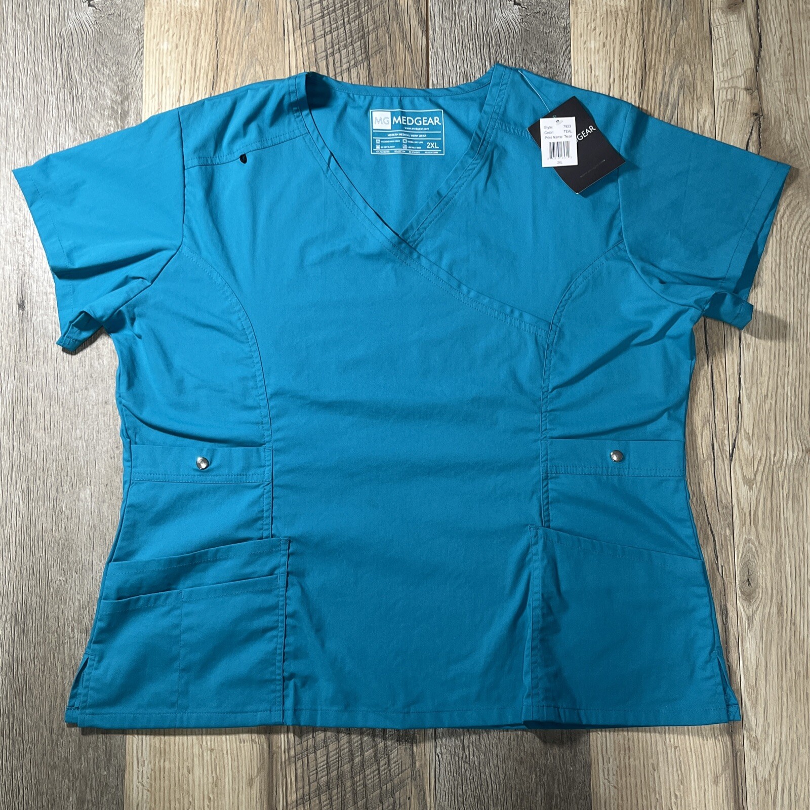 MEDGEAR Mock-Wrap Scrubs Top Women’s Size 2XL Teal Green Medical Apparel NWT