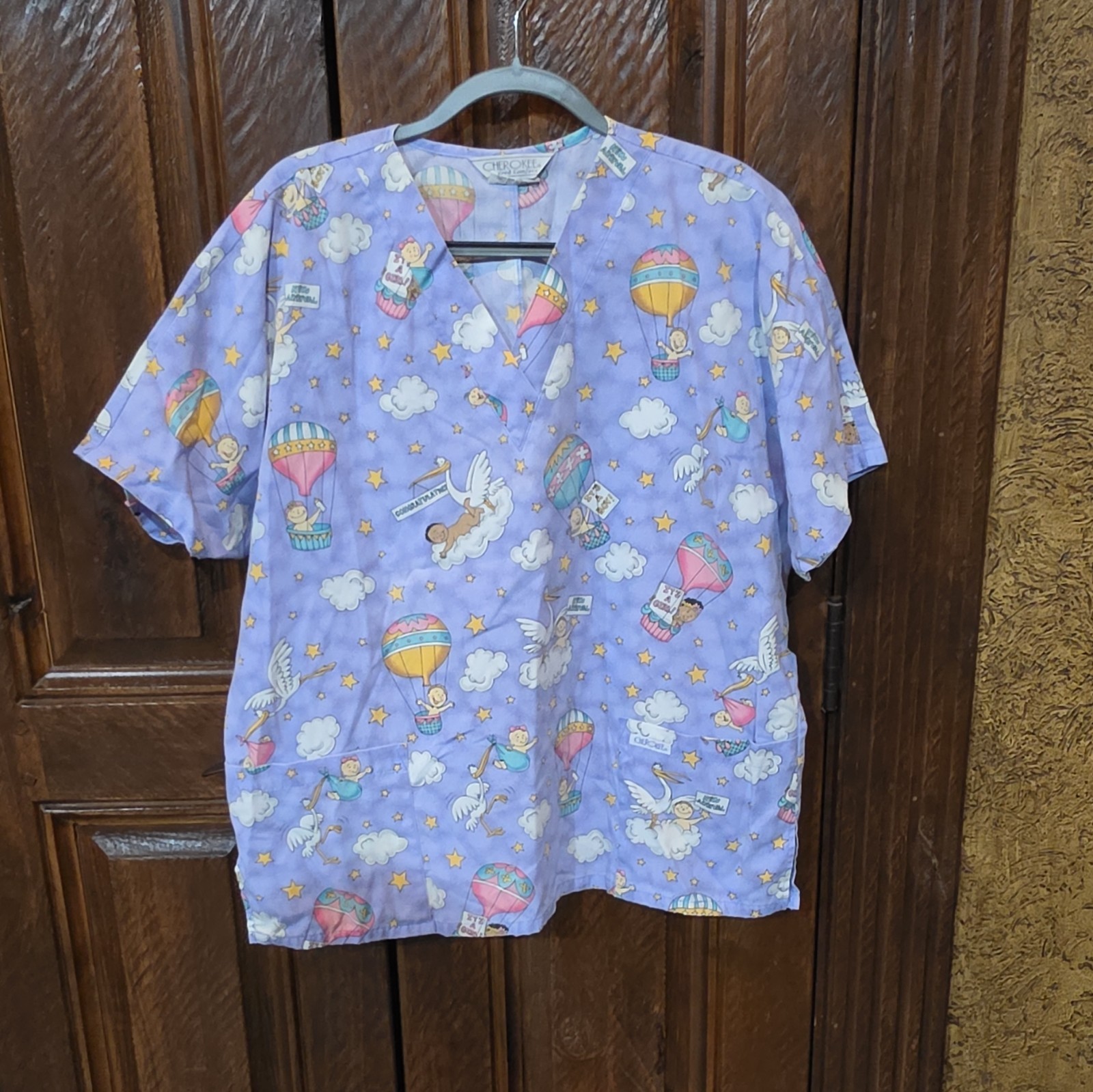 Cherokee Inspired Comfort Women’s L V-Neck Short Sleeve Scrub Top Purple Multi
