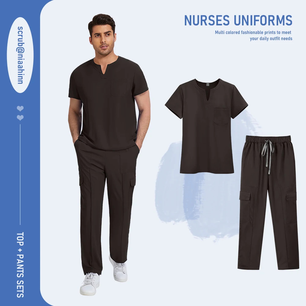 Medical Scrubs Set for Men with Pockets Top V-Neck Jogger Pants Nursing Uniform