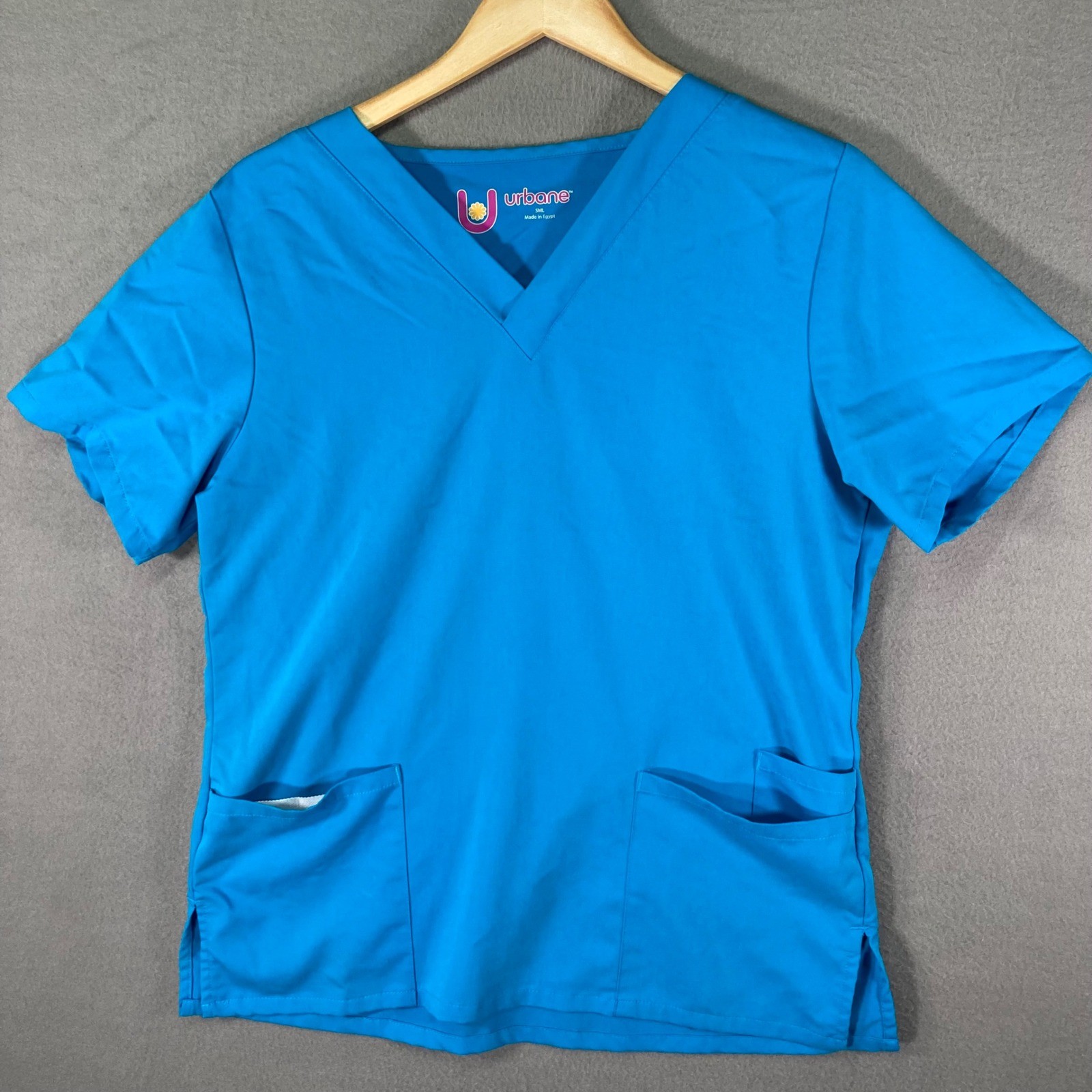 Urbane Scrubs Top, Small, Blue V-Neck, Short Sleeve, Two Pockets, Women’s