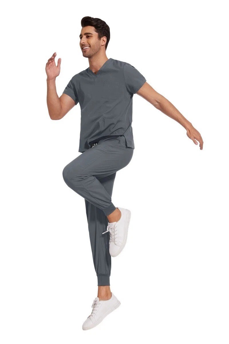 Grey Nurse Scrub Set for Men Medical Uniform Jogger Pants Pockets S M L XL 2XL