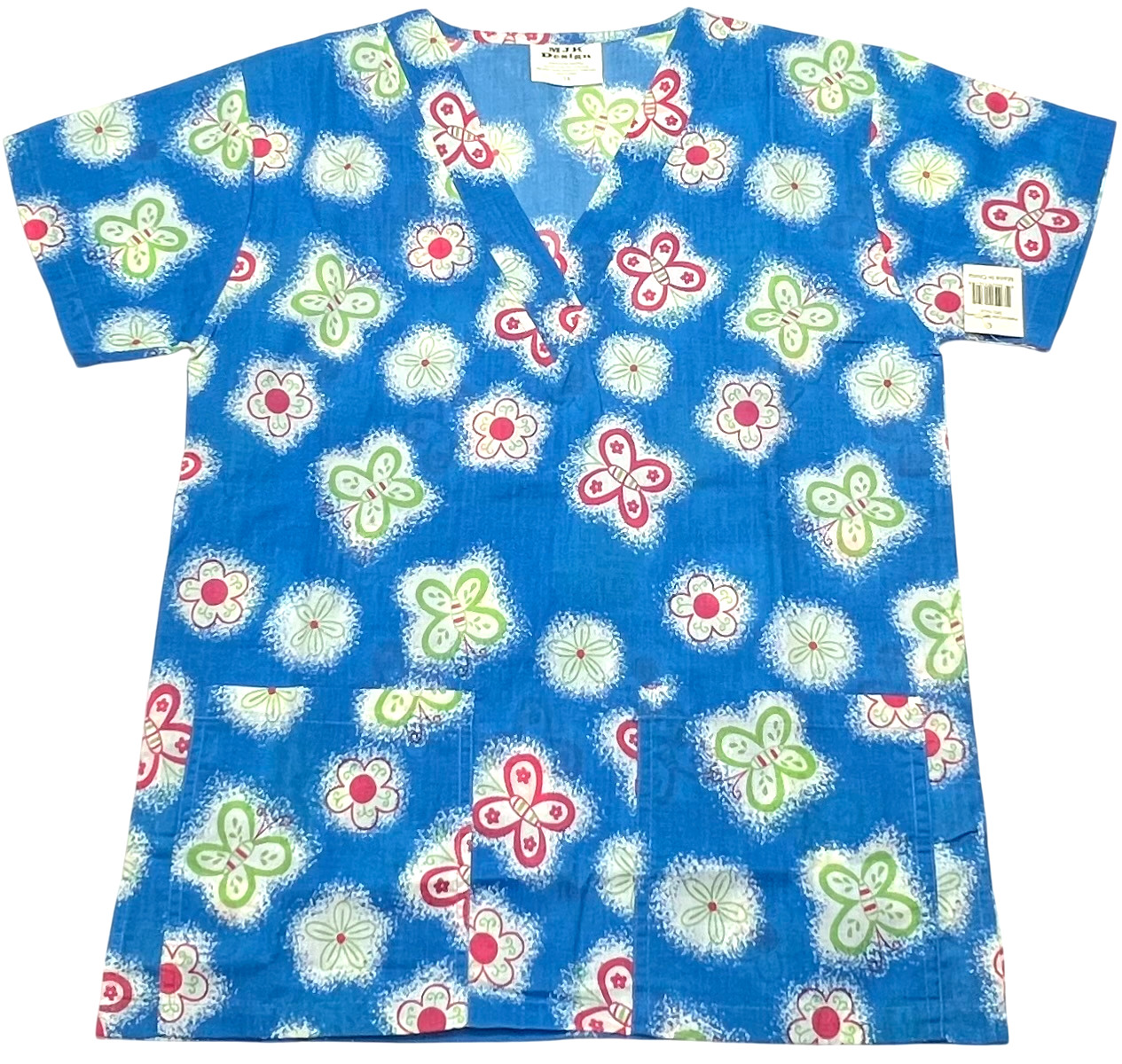 Print Scrub Top Womens (XS) Blue Butterfly Two Pockets Lightweight Medical NWT