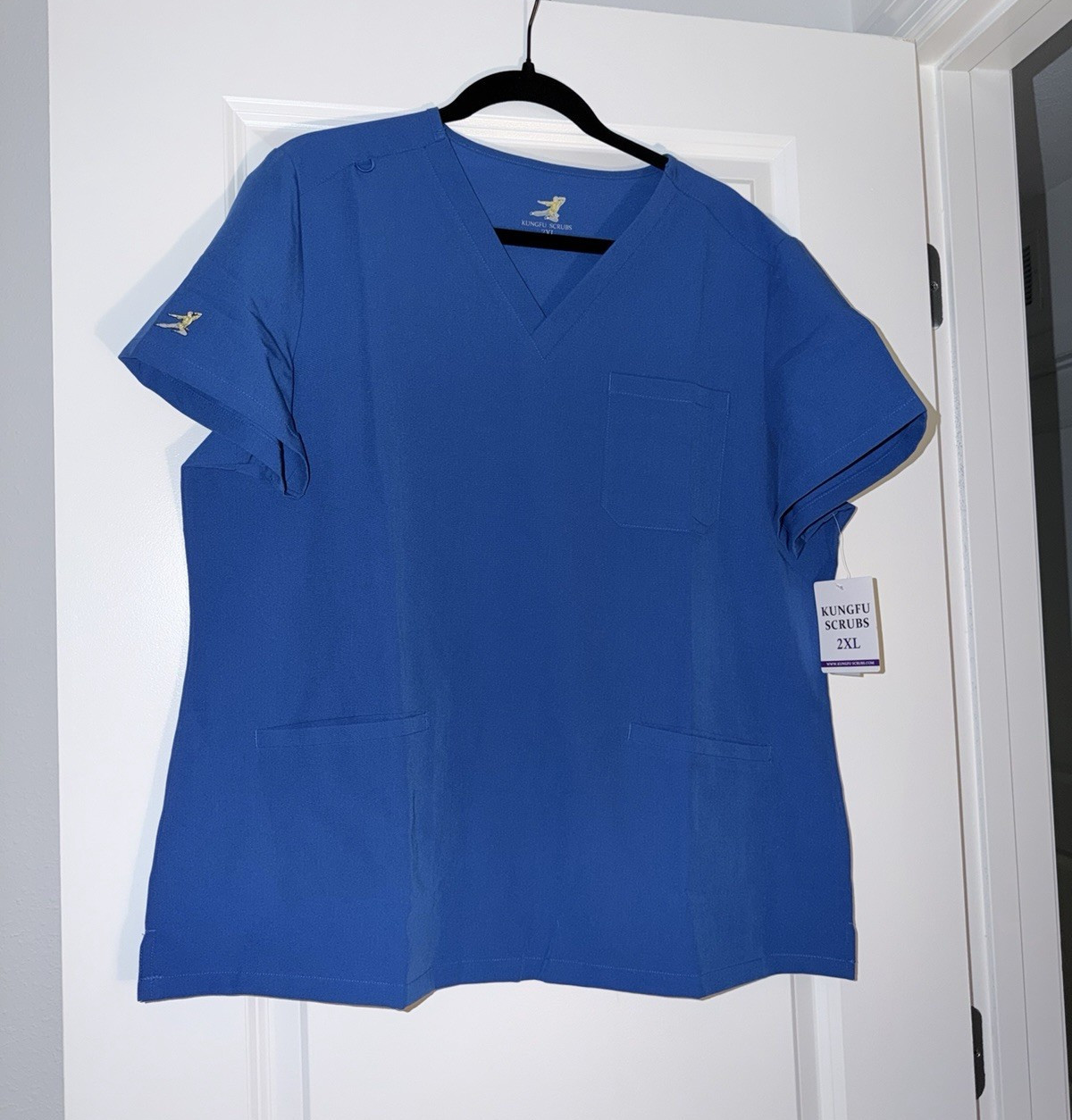 Kungfu Scrubs Unisex 2XL Blue Solid V-Neck Short Sleeve Medical Top Polyester