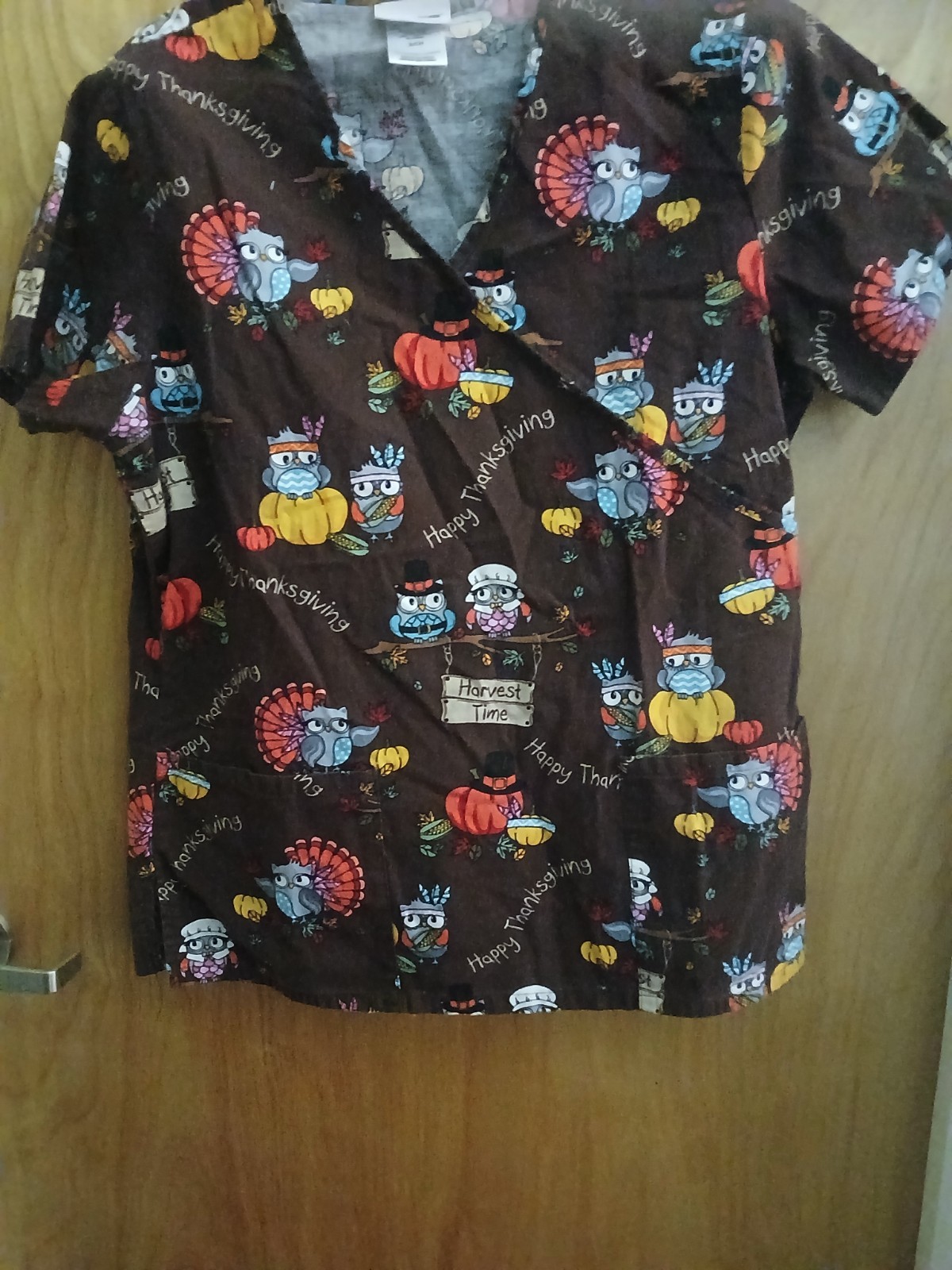WOMAN’S SMALL THANKSGIVING FALL SCRUB TOP SHIRT BY SCRUB STAR