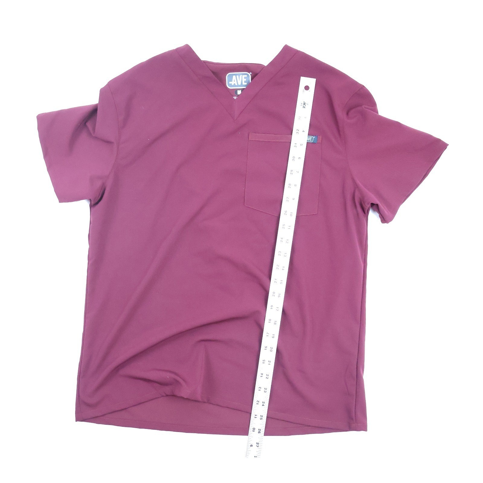 AVE Scrub Top V-Neck Short Sleeve Maroon Solid Medium Stretch