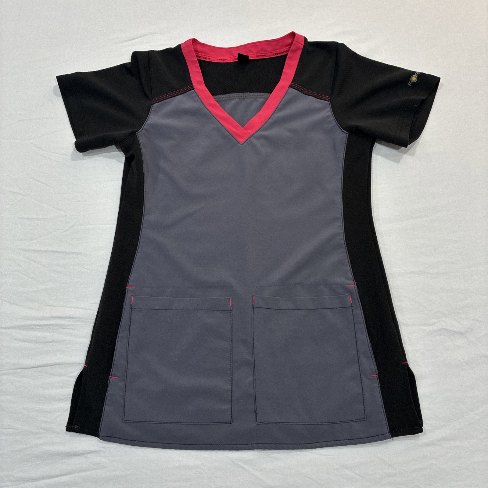 Carhartt Scrub Top Women’s XS Gray Black Pink 4 Pockets Stretch V-Neck Force