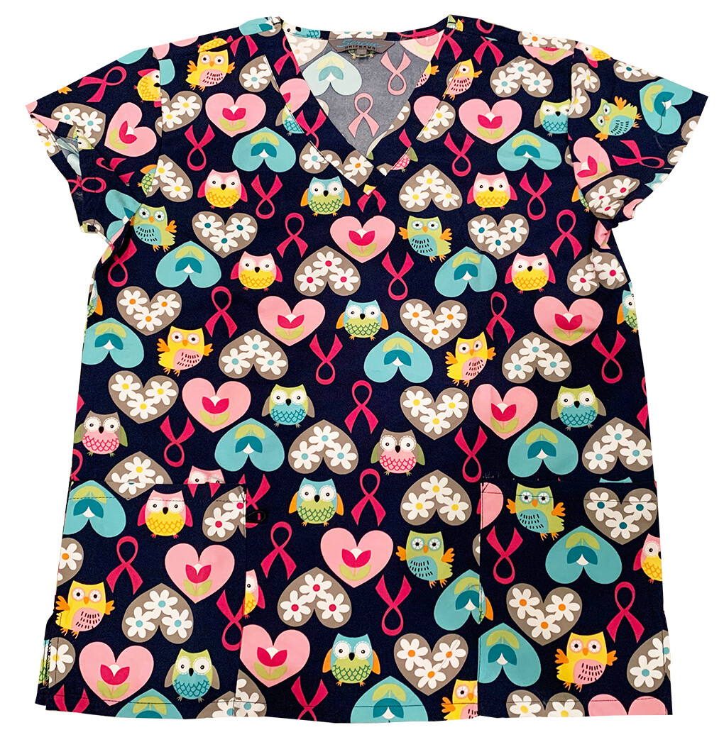 Womens Microfiber Medical Printed Scrub Tops Black Base Green Pink Gray Owls 2X