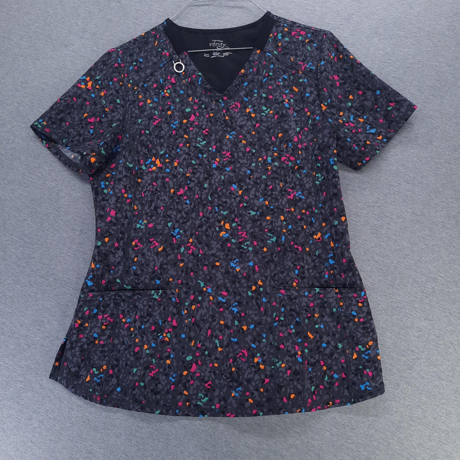 Cherokee Infinity Scrub Top Womens Small Black Multicolor V-Neck Stretch CK634