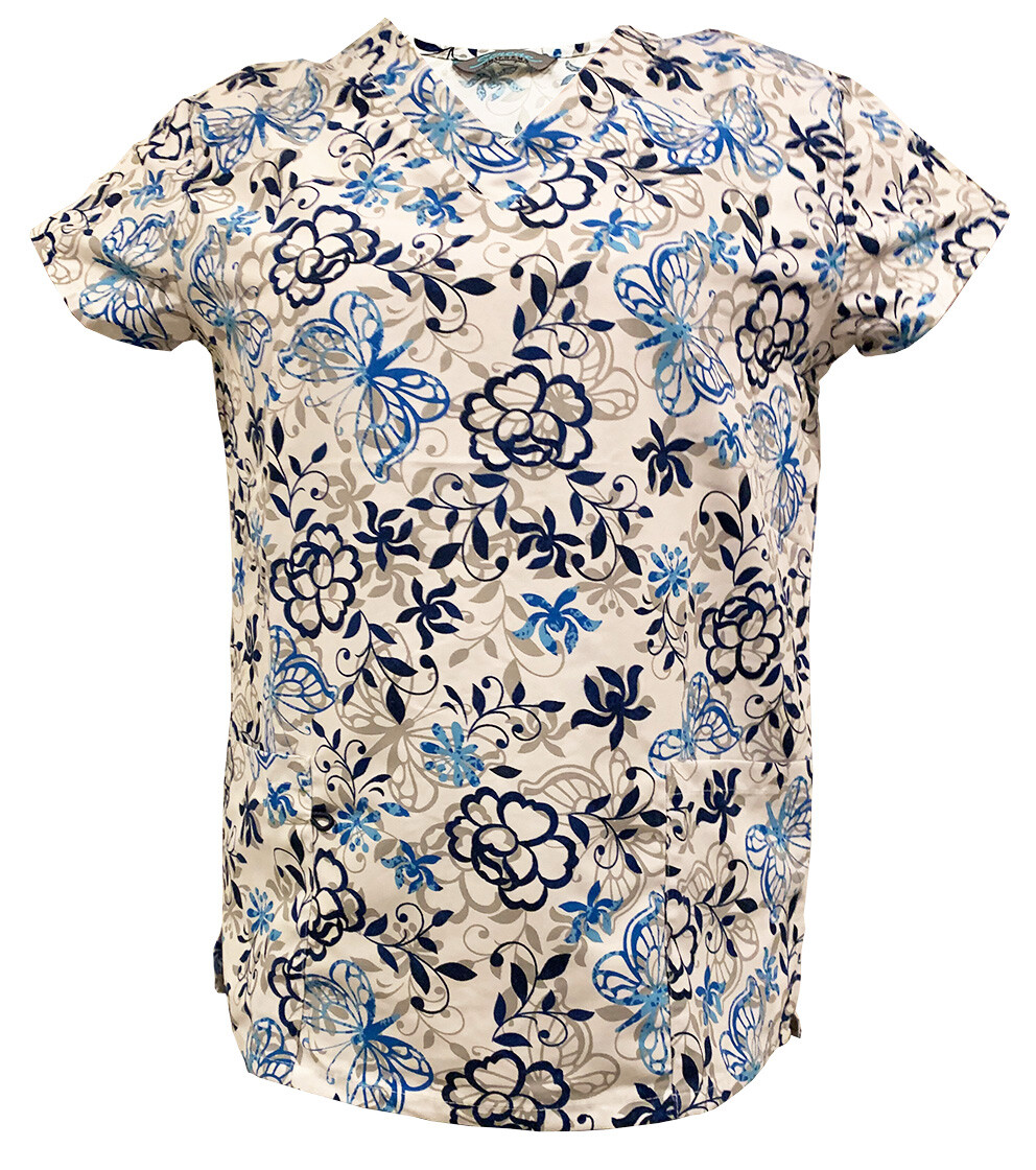 Womens microfiber ultra medical scrub White base blue flower butterfly XL